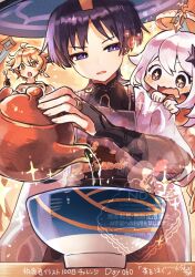  +_+ 1girl 2boys aether_(genshin_impact) ahoge armor black_bodysuit black_eyes black_gloves blonde_hair blue_sleeves blunt_ends blush blush_stickers bodysuit bowl bright_pupils choppy_bangs diamond_hair_ornament drooling earrings eyeliner feather_earrings feathers furisode genshin_impact gloves gold_halo gold_trim gurumin_(gurruguru) hair_between_eyes halo hand_up hands_on_another's_shoulders hat holding holding_kettle holding_spoon japanese_clothes jewelry jingasa kettle kimono layered_sleeves looking_at_another makeup mandarin_collar mechanical_halo mouth_drool multiple_boys open_mouth paimon_(genshin_impact) pauldrons pouring purple_hat red_eyeliner rice_bowl romper scaramouche_(genshin_impact) scarf short_hair short_hair_with_long_locks short_sleeves shoulder_armor shoulder_peek sidelocks single_pauldron spoon steam tareme tea teeth tsurime twitter_username upper_teeth_only violet_eyes wanderer_(genshin_impact) watermark white_hair white_pupils white_romper white_scarf white_sleeves 
