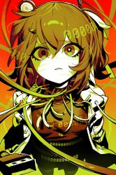  1girl a.i._voice adachi_rei black_hairband black_shirt breasts cable coat commentary computer_chip expressionless hair_ornament hair_ribbon hairband hairclip headlamp highres lab_coat long_sleeves medium_hair nako_nko one_side_up open_clothes open_coat orange_eyes orange_hair parted_lips radio_antenna ribbon shirt small_breasts solo turtleneck turtleneck_shirt untranslatable_commentary white_ribbon 