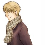  1boy blonde_hair brown_coat closed_eyes coat male_focus mark2003 monster_(manga) plaid plaid_scarf scarf short_hair simple_background smile solo upper_body white_background wolfgang_grimmer 