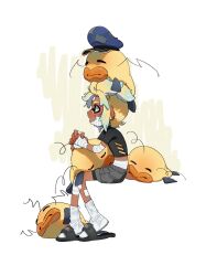  1boy bandaged_arm bandaged_leg bandaged_stomach bandaged_wrist bandages bike_shorts black_sandals black_shorts blonde_hair blue_hat commentary dark-skinned_male dark_skin full_body grey_shorts hat highres inkling inkling_boy inkling_player_character invisible_chair looking_ahead male_focus open_mouth peaked_cap rn_mnrn sandals shorts shorts_under_shorts sitting socks solo splatoon_(series) standing white_background white_socks zapfish 