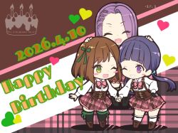  3girls :d ;d ^_^ aqua_bow artist_name assault_lily asymmetrical_bangs birthday_cake black_gloves black_ribbon black_thighhighs blunt_bangs blush boots bow bowtie braid braided_bangs brown_background brown_boots brown_hair brown_skirt cake chibi closed_eyes collared_shirt commentary corset curtained_hair dated eye_contact fingerless_gloves food full_body gloves green_eyes green_ribbon grin hair_bow hair_ribbon hands_on_another's_head hands_up happy_birthday heart holding_hands hotaru_(ultraroly_poly) lace-up_boots leg_ribbon long_hair long_sleeves looking_at_another low_twintails ludvico_private_girls'_academy_school_uniform medium_hair miniskirt multiple_girls nosaka_jacqueline_kazane one_eye_closed open_mouth pink_bow pink_bowtie plaid_background plaid_clothes plaid_skirt purple_hair ribbon saeki_julia_karen school_uniform seto_veronica_ichika shirt single_fingerless_glove single_glove skirt smile standing thigh-highs thigh_ribbon twintails two-tone_background underbust v-shaped_eyebrows violet_eyes white_background white_shirt white_thighhighs 