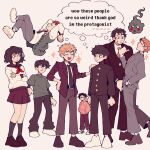  1girl 6+boys absurdres black_eyes black_footwear black_hair black_pants blazer blonde_hair buttons closed_eyes closed_mouth commentary crossed_arms ekubo_(mob_psycho_100) english_commentary english_text floating formal frown full_body gakuran grey_pants grey_suit hanazawa_teruki hand_in_pocket hand_on_another&#039;s_shoulder highres hood hoodie jacket kageyama_ritsu kageyama_shigeo kneehighs kurata_tome long_sleeves looking_at_another mariorsomething meme mob_psycho_100 multiple_boys neckerchief necktie open_clothes open_jacket open_mouth orange_hair own_hands_clasped own_hands_together pants red_neckerchief reigen_arataka sailor_collar school_uniform serafuku serizawa_katsuya shirt shoes short_hair simple_background skirt smile socks sparkle spirit standing suit suzuki_shou takenaka_momozou thought_bubble white_footwear white_shirt 