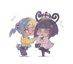  2girls :d ;d bad_id bad_twitter_id black_dress black_pantyhose black_shoes blonde_hair blue_gloves blue_hair blunt_bangs blush_stickers bob_cut canari_(pokemon) chibi chibi_only coat commentary cropped_jacket dark-skinned_female dark_skin dress eyelashes full_body gloves gwynn_(pokemon) hat highres jacket leg_up long_sleeves looking_at_another multicolored_hair multiple_girls one_eye_closed open_clothes open_coat open_mouth pants pantyhose partially_fingerless_gloves pokemon pokemon_legends:_z-a purple_hair ramuawa revision shoes smile split-color_clothes split-color_hair standing standing_on_one_leg two-tone_hair two-tone_pants violet_eyes white_background white_coat white_shoes yellow_jacket 