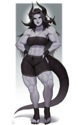 abs ash_(ripasher) biceps black_gloves black_hair black_horns black_lips black_nails black_sclera black_shorts breasts chest_sarashi cleavage colored_sclera colored_skin commentary demon_girl english full_body gloves gradient_background grey_skin hands_on_own_hips highres horns long_hair looking_at_viewer midriff muscular muscular_female nail_polish navel original1girl sarashi shorts signature simple_background solo speedl00ver tail toenail_polish toenails white_eyesabsurdres