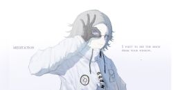  1boy absurdres aotsuki_eito arm_up black_gloves breast_pocket chinese_commentary commentary_request drawstring english_text glasses gloves grey_hair highres jacket looking_at_viewer male_focus ok_sign ok_sign_over_eye pocket short_hair shuiguiyayizhi sidelighting smile solo the_hundred_line_-last_defense_academy- upper_body variant_set violet_eyes white_background white_jacket 