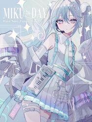  1girl absurdres aqua_background aqua_hair aqua_necktie charm_(object) collared_shirt commentary_request detached_sleeves dot_nose dutch_angle english_text eyelashes fur-trimmed_hairband fur_trim hair_between_eyes hatsune_miku headset highres instrument jacket long_sleeves looking_at_viewer microphone miku_day mini_piano multiple_thigh_straps musical_note musical_note_ornament nanamiya_ten necktie open_clothes open_jacket parted_lips piano pleated_skirt ribbon shirt sidelocks simple_background skirt sleeves_past_fingers sleeves_past_wrists solo sparkle_print sunburst sunburst_background suspenders teeth thigh_strap twintails vocaloid white_jacket white_ribbon white_shirt white_skirt white_wings wings 