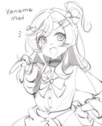  1girl bow bowtie character_name choker collared_shirt greyscale gyaru gyaru_v hair_bow hair_ornament hairclip highres kogal long_sleeves looking_at_viewer love_live! love_live!_series_official_card_game love_live!_superstar!! monochrome official_alternate_costume one_side_up open_mouth ruoguiling scrunchie shirt simple_background solo v white_background wrist_scrunchie yoneme_mei 