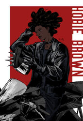  1boy absurdres afro black_choker black_gloves black_jacket character_name choker commentary dark_skin eyebrow_piercing face_piercing gloves helmet highres hobie_brown_(spider-punk) jacket lip_piercing lip_ring lips male_focus marvel motor_vehicle motorcycle motorcycle_helmet nose_piercing piercing solo spd_ramg spider-man:_across_the_spider-verse spider-man_(series) spider-verse spiked_necklace untranslatable_commentary very_dark_skin 