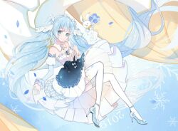  1girl 2019 absurdly_long_hair aircraft animal bare_shoulders black_skirt blue_eyes blue_gem blue_hair blue_shoes blue_sky blue_sleeves bow bow_button brooch chest_jewel circle_skirt closed_mouth clothed_animal collar commentary day detached_collar detached_sleeves dot_nose eyelashes falling_petals floating floating_clothes floating_hair frilled_shirt frilled_skirt frilled_sleeves frills full_body gem hair_ornament happy hatsune_miku high-waist_skirt high_heels hoop_skirt hot_air_balloon jewelry layered_sleeves light_blush long_hair long_sleeves looking_at_viewer medium_skirt miqing outdoors petals print_thighhighs puffy_short_sleeves puffy_sleeves rabbit_yukine shirt shoes short_over_long_sleeves short_sleeves sitting skirt sky sleeves_past_wrists smile snowflake_print stiletto_heels strapless strapless_shirt tareme thigh-highs tiara twintails vertical-striped_sleeves very_long_hair vocaloid wavy_hair white_bow white_collar white_rabbit_(animal) white_shirt white_sleeves white_thighhighs wing_hair_ornament yuki_miku yuki_miku_(2019) 