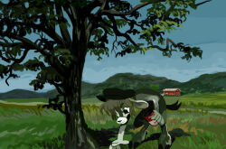  1other animal_ears bad_link barn beret black_eyes black_hat blue_sky can closed_mouth day deer_boy deer_ears furry gettehld grass green_fur hat holding holding_can hooves leaning_forward mountainous_horizon original outdoors sky solo tree 