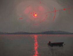  boat grey_background grey_sky highres mountainous_horizon no_humans original outdoors reflection scenery sky star_shifting sun water watercraft 