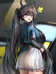  1girl :d arknights arknights:_endfield black_hair blue_jacket blue_tail blurry blurry_background blush chen_qianyu_(arknights) commentary cowboy_shot english_commentary grey_eyes highres horns jacket long_hair long_sleeves looking_at_viewer notice_lines open_mouth paid_reward_available phap2000 pleated_skirt skirt smile solo standing tail twitter_username very_long_hair watermark white_skirt 
