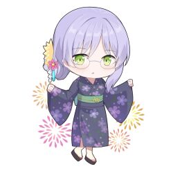  1girl blue_kimono blush chibi chibi_only chinese_commentary commentary_request eyes_visible_through_hair floral_print floral_print_kimono flower full_body glasses green_eyes grey_hair hair_between_eyes hair_bun hair_flower hair_ornament hands_up heaven_burns_red izumi_yuki izumi_yuki_(stewartia_dazzling_noctilucent_star) japanese_clothes kanzashi kimono kk0220 long_hair long_sleeves official_alternate_costume official_alternate_hairstyle open_mouth print_kimono round_eyewear sandals simple_background single_hair_bun solo standing white_background wide_sleeves yellow_flower yukata zouri 