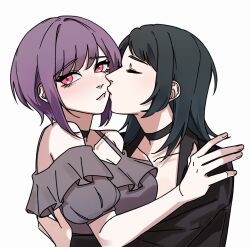  2girls bang_dream! bang_dream!_it's_mygo!!!!! black_choker black_hair black_jacket choker commentary grey_shirt hug jacket long_hair multiple_girls myanggu off-shoulder_shirt off_shoulder pink_eyes purple_hair shirt short_hair simple_background upper_body white_background yahata_umiri yuri yuutenji_nyamu 