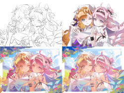  2girls a0_(xiaohongshu) absurdres artist_collaboration artist_request asymmetrical_gloves bare_shoulders blue_hair breasts closed_mouth colored_inner_hair denia_(wuthering_waves) fingerless_gloves gloves green_eyes hair_intakes hair_ornament highres hug long_hair looking_at_viewer making-of medium_breasts missing_commentary multicolored_hair multiple_girls one_eye_closed orange_hair pink_hair red_gloves sigrika_(wuthering_waves) smile uneven_gloves veil violet_eyes white_gloves white_veil wuthering_waves 