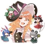  5girls animal_ears black_dress black_headwear blonde_hair blue_dress blue_hair bow braid brown_hair chibi detached_sleeves dress gohei green_dress green_hair grey_hair hair_bow hakurei_reimu hammer highres holding holding_gohei holding_hammer kirisame_marisa komano_aunn long_hair mouse mouse_ears mouse_girl mouse_tail multiple_girls nazrin nontraditional_miko orange_eyes rabbit_ears rabbit_girl red_bow red_dress red_eyes seiran_(touhou) shirt single_braid tail touhou unfinished_dream_of_all_living_ghost white_background white_shirt yaozaki0101 