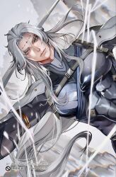  1boy arms_up bodysuit calcharo_(wuthering_waves) chest_harness closed_mouth commentary covered_abs covered_pectorals dutch_angle facial_mark floating_hair grey_hair harness highres long_hair male_focus mutton_(mutton0141) parted_hair pectorals polearm solo tacet_mark_(wuthering_waves) toned toned_male upper_body very_long_hair watermark weapon white_hair wind wuthering_waves 