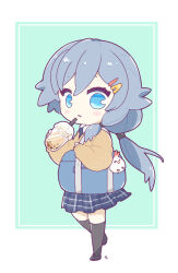  1girl bag black_hair black_necktie black_thighhighs blue_eyes brown_sweater chibi commentary_request fu_hua full_body green_background hair_ornament hairclip highres holding honkai_(series) honkai_impact_3rd jingwei_(bird) long_hair long_sleeves looking_at_viewer milk_tea mon_momu necktie open_mouth plaid_clothes plaid_skirt ponytail school_uniform shoulder_bag skirt solo sweater thigh-highs two-tone_background white_background 