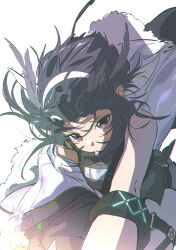  1girl absurdres arknights arm_out_of_sleeve bare_shoulders black_eyes black_hair breasts chinese_commentary coat commentary_request cowboy_shot feather_hair floating_hair forehead fur-trimmed_coat fur_trim hair_floating_upwards hair_intakes hair_ornament hairband highres infection_monitor_(arknights) la_pluma_(arknights) medium_breasts off_shoulder open_clothes open_coat shirt short_hair short_shorts shorts sidelocks simple_background sleeveless sleeveless_shirt solo thigh_strap white_background white_hairband yakumo_crack 