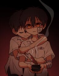  2boys absurdres bandaged_arm bandaged_head bandaged_neck bandages black_hair black_pants blood blood_on_clothes blood_on_knife commentary_request hair_between_eyes hanako_(jibaku_shounen_hanako-kun) highres holding holding_knife hug incense incense_burner jibaku_shounen_hanako-kun knife looking_at_viewer multiple_boys name_tag open_mouth pants red_background school_uniform shirt short_bangs short_hair short_sleeves siblings smile twins white_shirt ynnrkgk yugi_tsukasa 