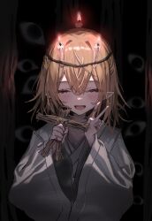  1girl bandaid bandaid_on_hand blonde_hair candle candle_on_head closed_eyes commentary_request crossed_bangs disembodied_eye double-parted_bangs false_smile hair_ornament hashihime hayu_(hayu0305) highres holding horror_(theme) mallet medium_hair mizuhashi_parsee nail_(hardware) open_mouth pointy_ears robe smile solo straw_doll touhou ushi_no_koku_mairi v white_robe wide_sleeves 