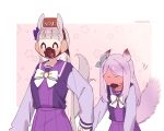  2girls ^_^ animal_ears blush bow bowtie brown_headwear chocolate chocolate_on_face closed_eyes embarrassed food food_on_face full-face_blush ggubii0225 gold_ship_(umamusume) grey_hair holding_hands horse_ears horse_girl horse_tail licking_lips long_hair long_sleeves mejiro_mcqueen_(umamusume) multiple_girls no_eyes open_mouth purple_hair purple_shirt purple_skirt sailor_collar school_uniform shirt skirt smile sweatdrop tail tongue tongue_out tracen_school_uniform twitter_username umamusume yuri 