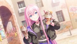  1girl belt belt_buckle black_belt black_jacket black_skirt blue_gem blue_nails blurry blurry_background bracelet buckle buttons coffee collared_shirt colorful_palette cream cropped_shirt cup depth_of_field disposable_cup dot_nose drinking_straw earrings fingernails food full-length_zipper game_cg gem grin hair_between_eyes hands_up highres holding holding_cup holding_food iced_coffee jacket jacket_partially_removed jewelry long_hair long_sidelocks long_sleeves looking_at_viewer megurine_luka midriff_peek nail_polish necklace official_art open_clothes open_jacket outdoors pink_hair project_sekai puffy_long_sleeves puffy_sleeves purple_skirt shirt show_'em_what's_up!_(project_sekai) sidelocks skirt smile solo sparkle standing teeth third-party_source upper_body very_long_hair violet_eyes vivid_bad_squad_luka vocaloid w window zipper zipper_pull_tab 