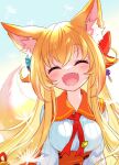  1girl ^_^ animal_ear_fluff animal_ears blonde_hair buttons closed_eyes dandelion_seed double-breasted fangs fox_ears fox_girl fox_tail hair_ornament happy hisana light_blush long_hair long_sleeves looking_at_viewer open_mouth original red_ribbon ribbon sailor_collar shirt smile solo tail upper_body very_long_hair white_shirt 