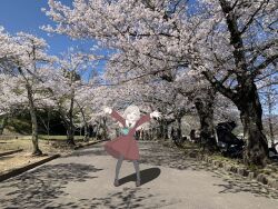  1girl :d aqua_neckerchief arms_up blue_eyes blue_sky brown_dress ceras_yanagida_lilienfeld cherry_blossoms commentary_request day dress flower grey_hair hair_ribbon hasu_no_sora_school_uniform highres link!_like!_love_live! long_hair long_sleeves love_live! medium_dress neckerchief open_mouth outdoors outstretched_arms photo_background pink_ribbon pleated_dress ribbon sailor_collar sailor_dress school_uniform shadow sky smile solo standing virtual_youtuber watage_hiyoko white_flower white_sailor_collar wide_shot winter_uniform 