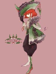  1girl black_gloves boots character_name coat cocoyuzu7777 commentary_request full_body gloves green_hat grimmsnarl hat highres humanization jewelry looking_at_viewer necklace pokemon puffy_pants purple_background red_hair short_hair signature solo 