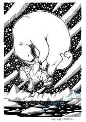  1girl animal artist_name baby_animal bear bear_cub border child closed_eyes closed_mouth clouds commentary_request dated floating fringe_trim glacier greyscale hatching_(texture) highres ice_floe jacket linear_hatching monochrome night ocean original outdoors pants polar_bear scarf shoes short_hair sky sleeping solo star_(sky) star_(symbol) starry_sky traditional_media white_border zpihr6jprso2r2l 