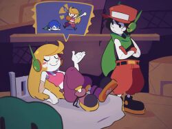  1boy 2girls animated animated_gif arm_support baggy_pants black_hair black_shirt blonde_hair blue_hair blush_stickers breasts cave_story closed_eyes colored_skin curly_brace defeat english_text gloves green_scarf hat large_shoes long_hair midriff misery_(cave_story) multiple_girls pants quote_(cave_story) red_gloves red_hat red_pants red_tank_top robot_boy robot_ears robot_girl scarf shammah shirt shoes sleeveless small_breasts solid_oval_eyes sound_effects speech_bubble spoken_character tank_top victory white_skin x_x 