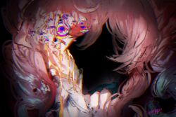  1girl aqua_hair aquila_(honkai:_star_rail) blood collar commentary crying drill_hair english_commentary glitch glitch_art hair_between_eyes highres honkai:_star_rail honkai_(series) hyacine_(honkai:_star_rail) long_sleeves multicolored_eyes nyeppu pink_hair solo tears yellow_blood 