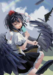  1girl absurdres bird_wings black_hair black_wings blue_sky clouds commentary day feathered_wings food fossilized_wonders frilled_skirt frills gohei hat highres holding holding_food holding_gohei holding_popsicle looking_at_viewer open_mouth orange_eyes outdoors pom_pom_(clothes) popsicle rainbow red_hat shameimaru_aya skirt sky smile solo tokin_hat touhou wings yunickckck 