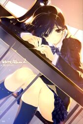  aquaplus black_hair blue_eyes copyright_name desk highres long_hair long_sleeves looking_at_viewer nakamura_takeshi necktie non-web_source official_art panties pleated_skirt ponytail sailor school_desk school_uniform sitting skirt sugiura_koharu sunset underwear white_album_(series) white_album_2 white_panties window 
