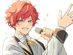  1boy amagi_hiiro blue_eyes bow bowtie clenched_teeth commentary ensemble_stars! glint hand_up holding holding_microphone kujirakko long_sleeves looking_at_viewer male_focus microphone open_hand red_hair short_hair simple_background smile solo sparkle sweat teeth untranslatable_commentary upper_body white_background white_bow white_bowtie 