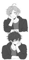  2boys ahoge arm_support clenched_hand closed_mouth commentary_request cropped_torso ensemble_stars! greyscale hand_on_own_face hand_up highres layered_clothes long_sleeves looking_at_viewer male_focus monochrome morisawa_chiaki multiple_boys parted_bangs shinkai_kanata short_hair simple_background usui_(usui_koi) white_background 