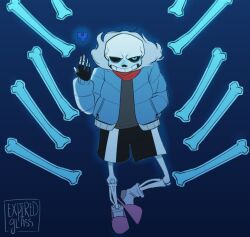  1boy 2019 2d absurdres artist_name aura black_gloves black_shirt black_shorts blue_background blue_jacket bone commentary digital_media english_commentary fingerless_gloves floating_object full_body fur-trimmed_jacket fur_trim genocide_route_(undertale) gloves grey_fur hand_in_pocket hand_up heart highres hollow_eyes humanoid jacket long_sleeves looking_at_viewer male male_focus male_only monster monster_boy open_clothes open_jacket pink_slippers pixel_heart red_scarf sans_(undertale) scarf shirt shorts simple_background single_vertical_stripe skeleton slippers slowpectre socks solo striped_clothes striped_shorts teeth undead undertale utdr_(toby_fox) vertical-striped_clothes vertical-striped_shorts white_socks white_stripes 