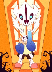  1boy 2016 2d aqua_eyes arm_up black_shorts blue_jacket checkered_floor commentary deviantart_sample digital_media english_commentary film_grain floor fruitloop-chan full_body fur-trimmed_jacket fur_trim gasterblaster genocide_route_(undertale) hand_in_pocket hollow_eyes humanoid image_sample jacket legs_apart long_sleeves male male_focus male_only monster monster_boy open_clothes open_jacket orange_background orange_fur pink_slippers sans_(undertale) shorts simple_background single_vertical_stripe skeleton skull slippers socks solo standing striped_clothes striped_shorts sweater teeth undead undertale utdr_(toby_fox) vertical-striped_clothes vertical-striped_shorts white_socks white_stripes window yellow_sweater 