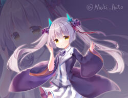  1girl black_robe closed_mouth collared_shirt commentary_request cowboy_shot fake_horns floating_clothes floating_hair grey_hair hair_ribbon hands_up heaven_burns_red horns kk0220 long_hair long_sleeves looking_at_viewer miniskirt neck_ribbon ogasahara_hisame open_clothes open_robe pleated_skirt purple_background purple_ribbon red_ribbon ribbon robe shirt simple_background skirt smile solo split_mouth twintails twitter_username v-shaped_eyebrows very_long_hair white_shirt white_skirt wide_sleeves yellow_eyes zoom_layer 