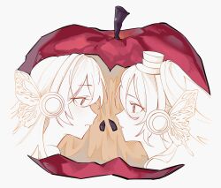  2girls absurdres apple apple_core commentary english_commentary food fruit hat hatsune_miku headphones highres looking_at_another magnet magnet_(vocaloid) megurine_luka multiple_girls ponkan_dayo top_hat twintails vocaloid white_background yuri 