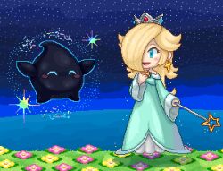  1girl blonde_hair blue_dress blue_eyes blush brooch commentary cristal-night crown dress earrings field floating flower flower_field full_body hair_over_one_eye holding holding_wand jewelry long_hair long_sleeves looking_at_another luma_(mario) pixel_art polari_(super_mario_galaxy) rosalina sky star_(sky) star_(symbol) star_brooch star_earrings starry_sky super_mario_bros. super_mario_galaxy wand 