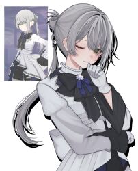  1girl ;| alternate_costume alternate_hair_length_(longer) alternate_hairstyle arm_across_waist asymmetrical_sidelocks back_bow berrytrt black_bow black_bowtie black_shorts blue_bow blue_bowtie bow bowtie brooch choices_for_the_future_(project_sekai) closed_mouth commentary_request cosplay dot_nose dress expressionless game_screenshot_inset gem gloves green_eyes grey_dress grey_gloves grey_hair hair_bun hair_extensions hand_on_own_chin hand_up highres hinomori_shiho jewelry large_bow long_hair long_sleeves looking_at_viewer official_alternate_color one_eye_closed ootori_emu ootori_emu_(cosplay) ponytail project_sekai purple_gem reference_inset ring_hair_extensions screenshot_inset shorts sidelocks simple_background solo tsurime upper_body white_background 