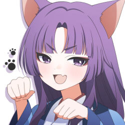 1girl animal_ears blue_archive blue_haori blush cat_ears close-up commentary_request drop_shadow fang haori highres japanese_clothes kemonomimi_mode kimono long_hair open_mouth paw_pose petako_(ptpt_k) portrait purple_hair sidelocks simple_background skin_fang solo violet_eyes white_background white_kimono yukari_(blue_archive) 