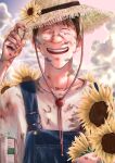  1boy brown_hair closed_eyes day denim dirty dirty_clothes dirty_face dirty_hands fence flower hand_up hat hat_flower highres holding holding_flower male_focus monster_(manga) outdoors overalls shirt short_hair smile solo straw_hat sun_hat sunflower sweat white_shirt wolfgang_grimmer yyi_(monsterlogs) 