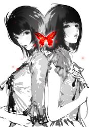  2girls absurdres amakura_mayu amakura_mio back-to-back bob_cut breasts bug butterfly chinese_commentary commentary_request fatal_frame fatal_frame_ii:_crimson_butterfly from_side greyscale hand_on_own_chest hands_up highres light_particles looking_at_viewer looking_to_the_side medium_breasts monochrome multiple_girls parted_lips red_butterfly ringo_duckkk shirt short_hair short_sleeves siblings simple_background sisters sketch spot_color three-quarter_sleeves twins upper_body variant_set white_background 