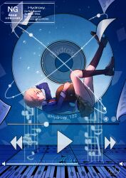  1girl 1other absurdres commentary_request creature disc fast_forward_button floating hairpods heaven_burns_red highres holding holding_creature hydroxy_122 kayamori_ruka media_player_interface musical_note narby_(heaven_burns_red) necktie play_button progress_bar red_eyes red_necktie school_uniform sheet_music short_hair slime_(creature) 