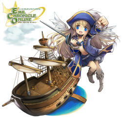  1girl bikini bikini_top_only blonde_hair blue_bikini blue_eyes blue_hat blue_jacket blue_skirt boots clouds copyright_logo emil_chronicle_online hat holding holding_sword holding_weapon jacket logo long_hair official_alternate_costume official_art pirate_hat sailing_ship ship skirt solo swimsuit sword tita_(eco) watercraft weapon white_background white_boots white_wings wings 