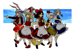  5girls alternate_color alternate_costume animal_ears apron ascot black_hair blonde_hair blue_skirt blue_vest bow braid broom coat collared_shirt expressionless finger_gun full_body gohei grey_apron grey_bow grey_hair grey_shirt hair_bow hakurei_reimu hand_in_pocket hand_on_own_hip hand_up hat hat_bow holding holding_broom holding_gohei holding_knife holding_sword holding_weapon izayoi_sakuya kirisame_marisa knife konpaku_youmu leg_up long_hair long_skirt looking_at_viewer looking_to_the_side maid maid_headdress medium_hair medium_skirt multiple_girls necktie open_clothes open_coat outstretched_arm playable_command_(touhou) purple_hair rabbit_ears rabbit_youkai_group_(touhou) red_bow red_coat red_hat red_necktie red_skirt red_vest reisen_udongein_inaba shirt shoes short_sleeves single_braid skirt sky socks standing sword touhou twin_braids uewtsol vest waist_apron weapon white_background witch_hat yellow_ascot yellow_skirt yellow_vest 