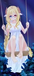  absurdres animal_ears arpiel barefoot blonde_hair braid breasts bunnyjiry_(jirynyang) cecil_(arpiel) dress glasses green_eyes heterochromia highres horns long_hair non-web_source sheep_ears sheep_girl sheep_horns single_braid soles very_long_hair white_dress 